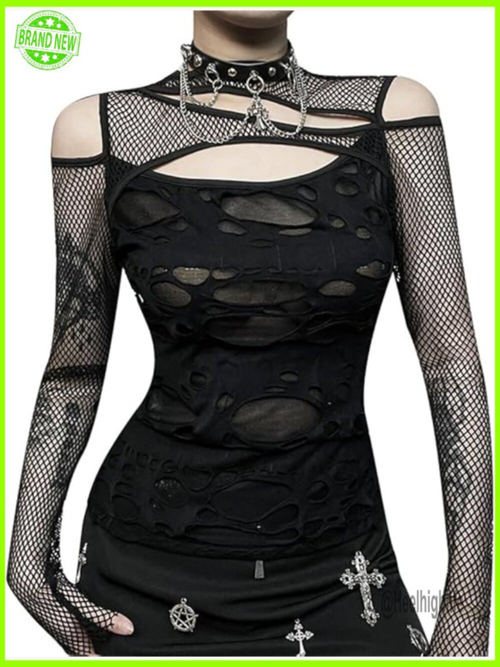 Gothic Mesh Fishnet Crop Top Long Sleeve Y2k Streetwear Rave Shirt